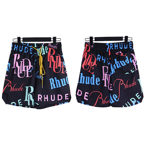 Rhude Black All‑Over Multicolor Logo Shorts
