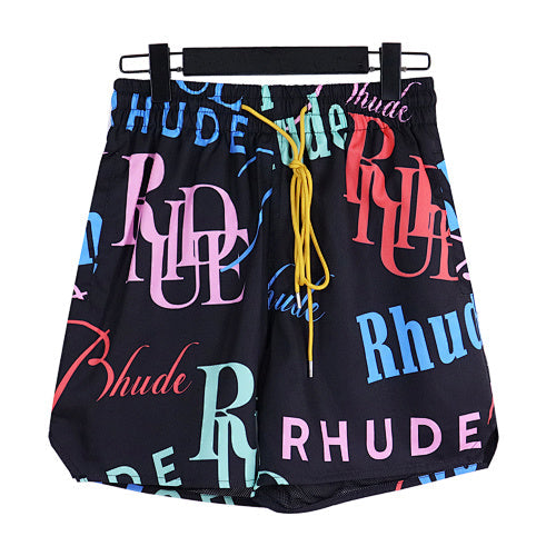 Rhude Black All‑Over Multicolor Logo Shorts