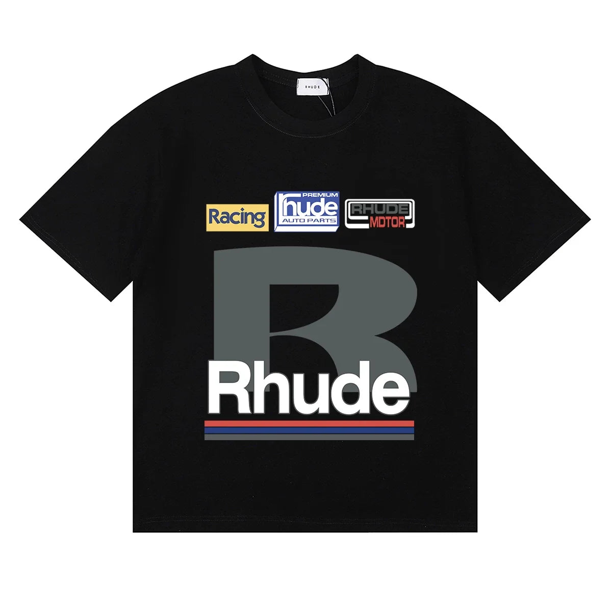 Rhude Big B Letter Racing Badge Patch‑Style Black Oversized T‑Shirt