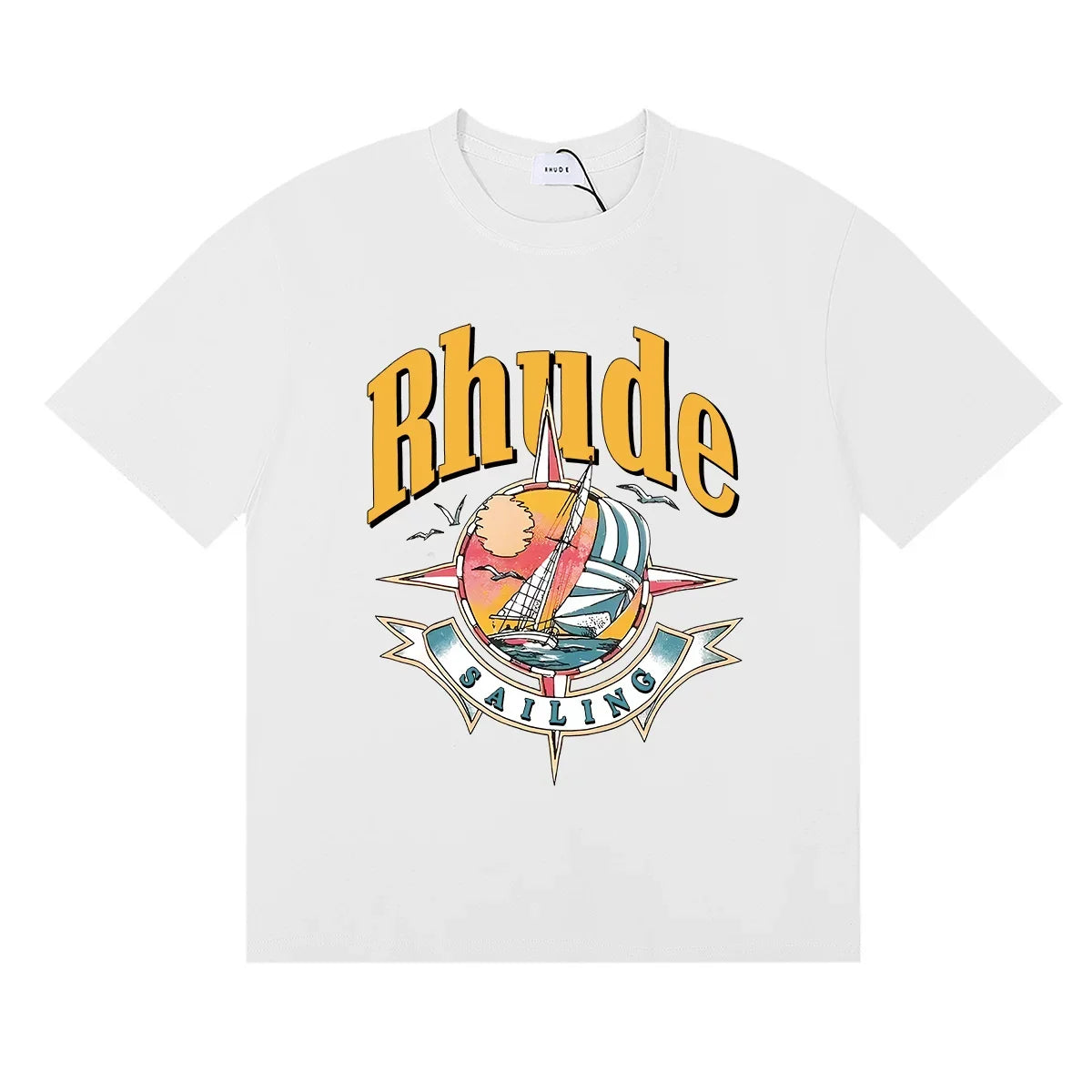 Rhude Sailing Compass Sailboat Vintage Graphic White Oversized T‑Shirt