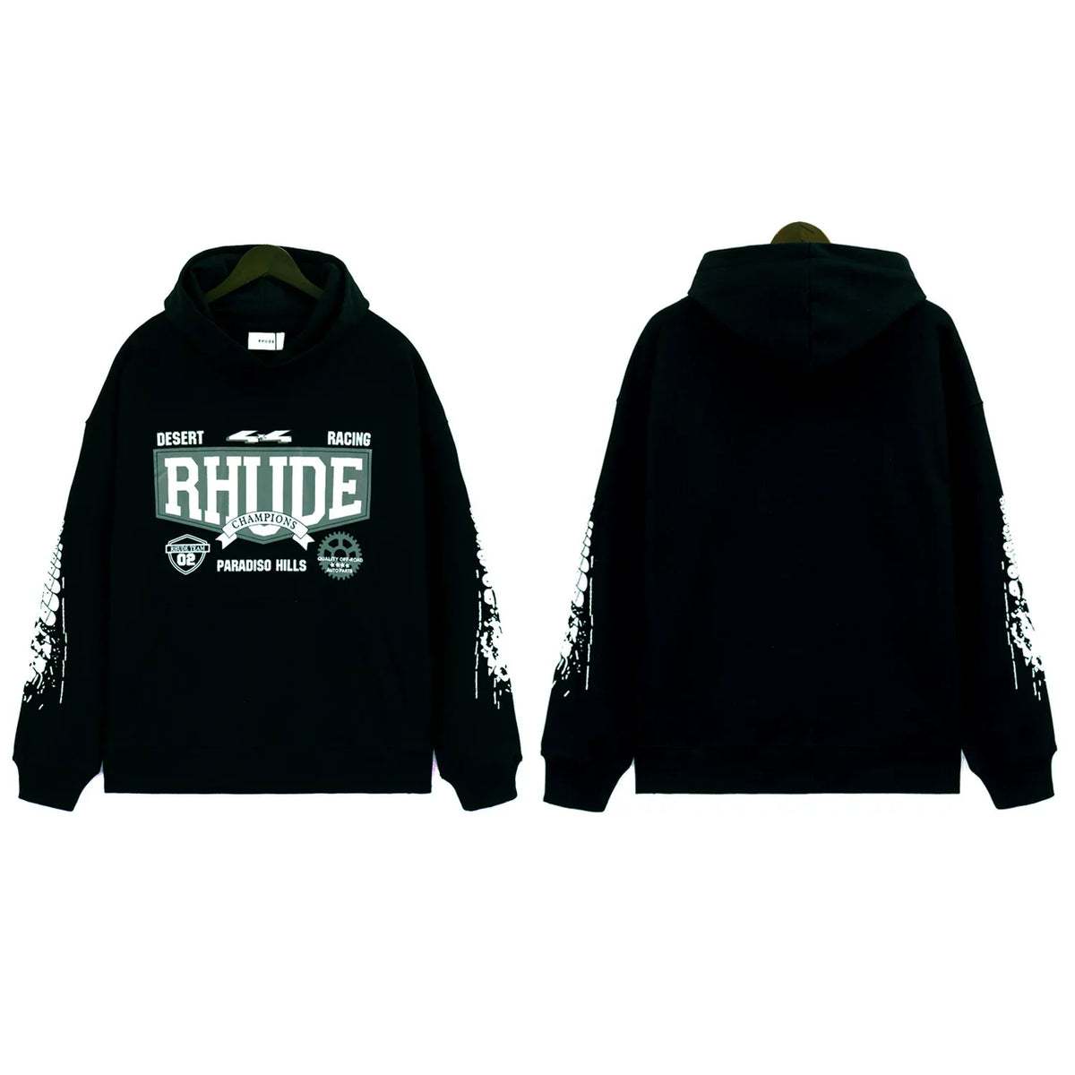 RHUDE Multi‑Badge Racing Sleeve Hoodie Black