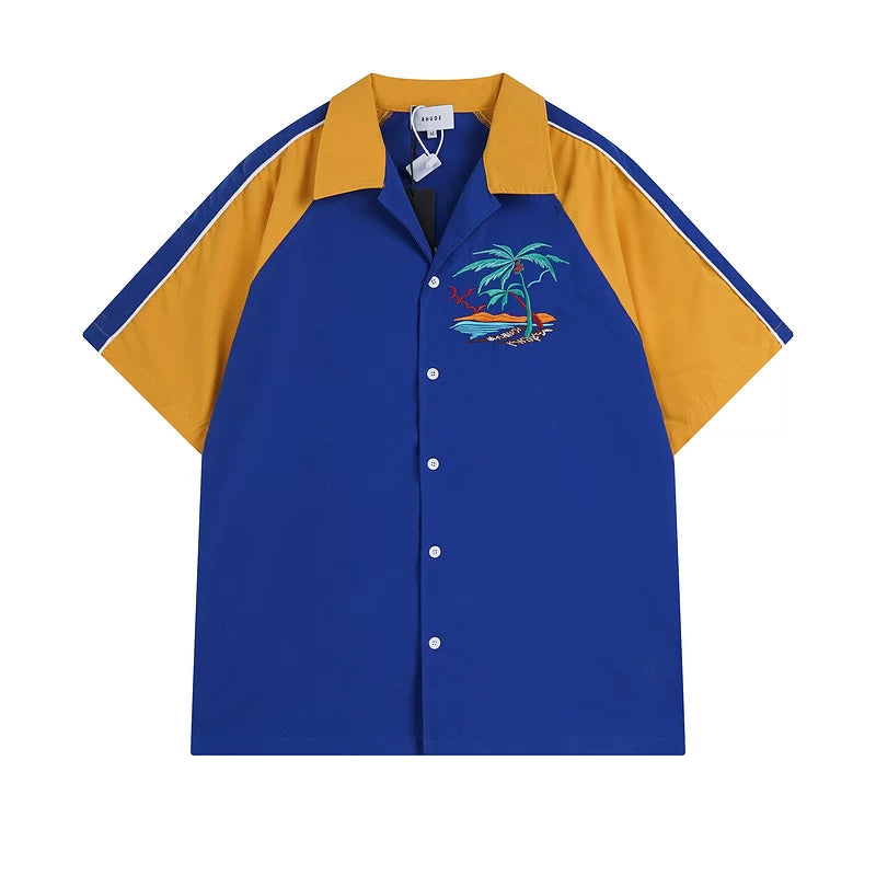 1. Rhude Palm Beach Embroidered Color‑Block Bowling Shirt Blue Yellow