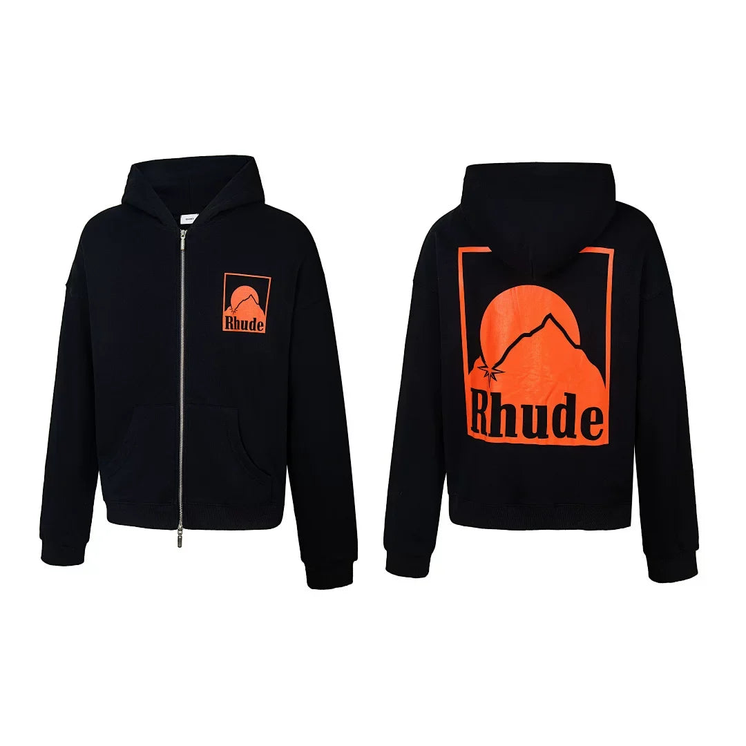 Rhude Mountain Sunset Full Zip Oversized Hoodie Black