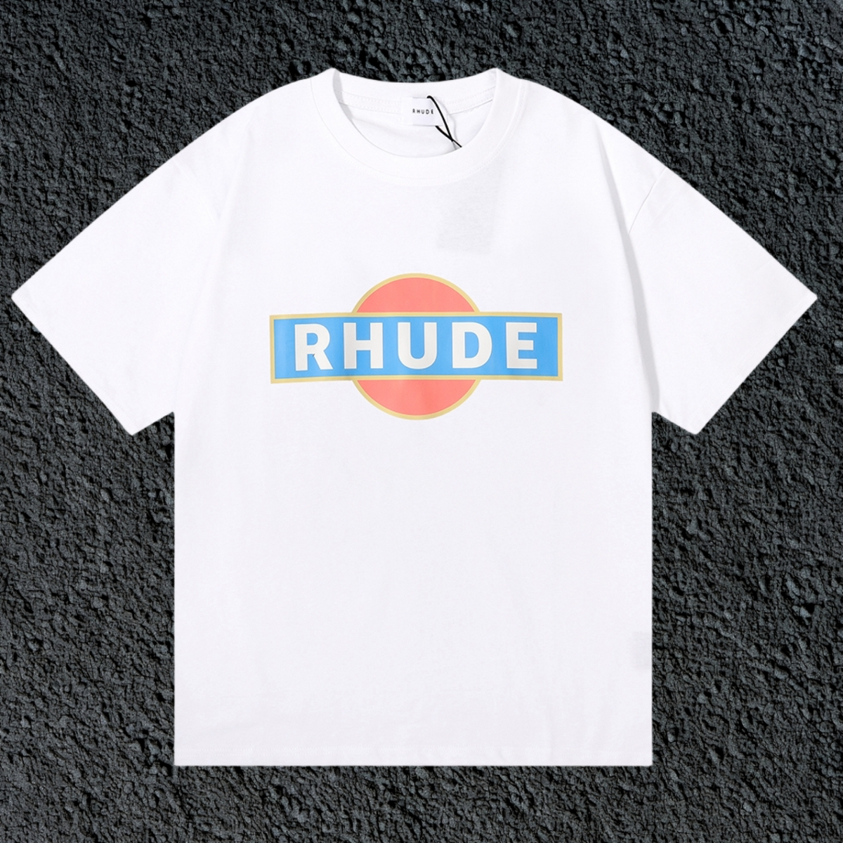 Rhude Retro Circle Box Logo White Oversized T‑Shirt