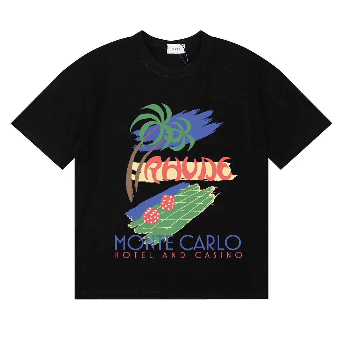 Rhude Monte Carlo Hotel Casino Palm Tree Vintage Black Oversized T‑Shirt