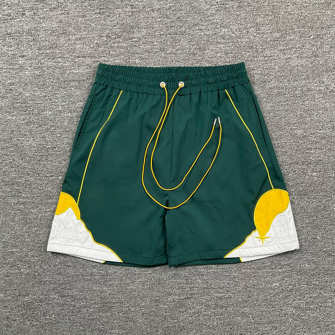 Rhude Dark Green Mountain Graphic Nylon Shorts