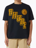 Rhude Varsity Gold Letter Crest Oversized T‑Shirt Black