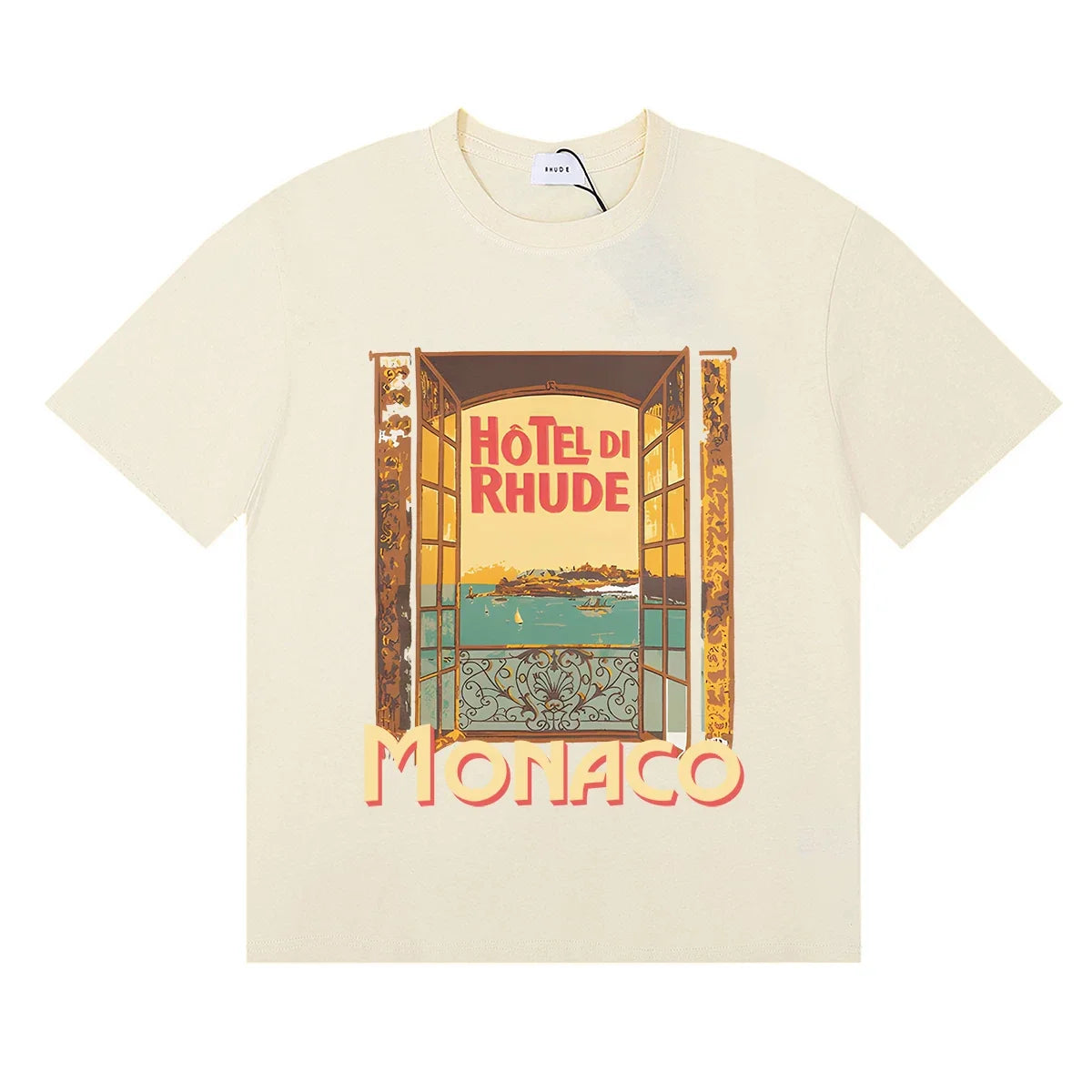 Rhude Hotel Di Rhude Monaco Window View Vintage Cream Oversized T‑Shirt