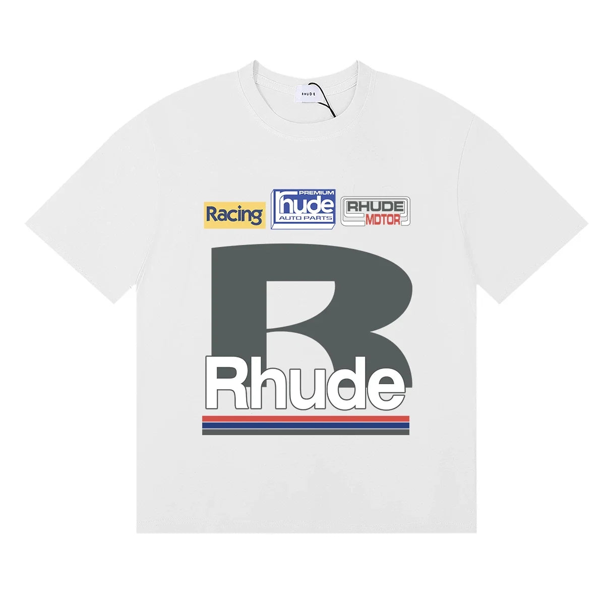 Rhude Big B Letter Racing Badge Patch‑Style White Oversized T‑Shirt