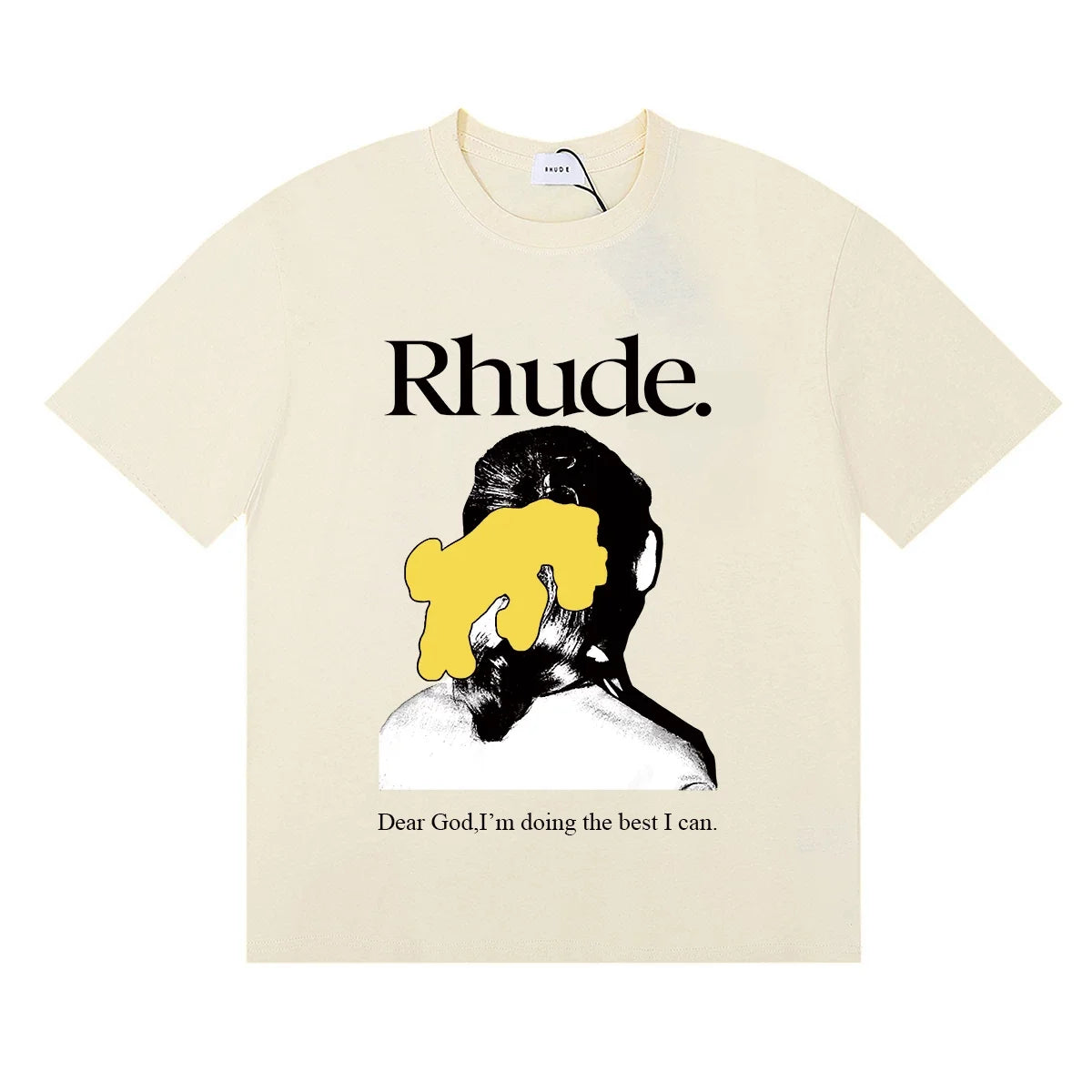 Rhude Dear God Portrait Text Quote Cream Oversized T‑Shirt
