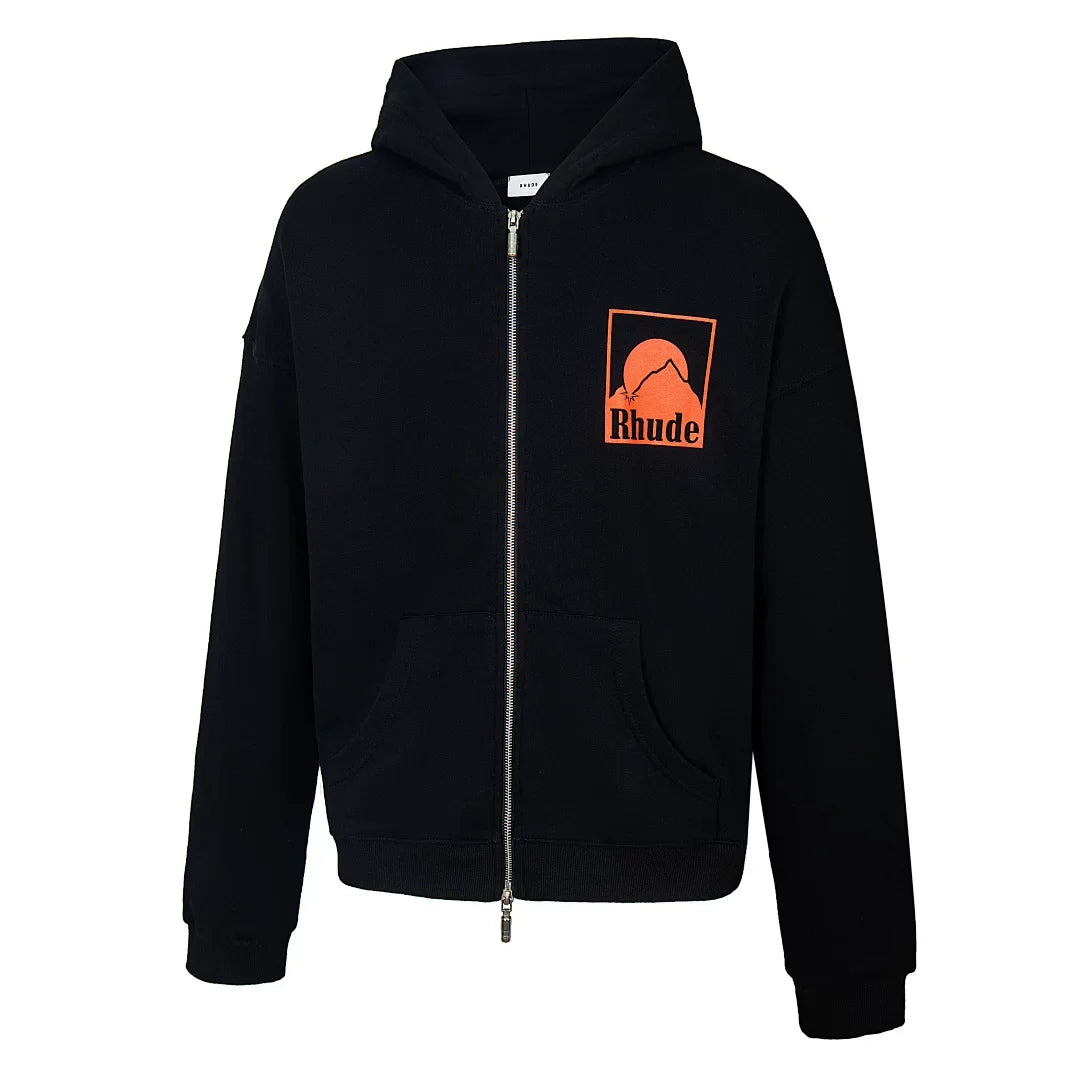Rhude Mountain Sunset Full Zip Oversized Hoodie Black
