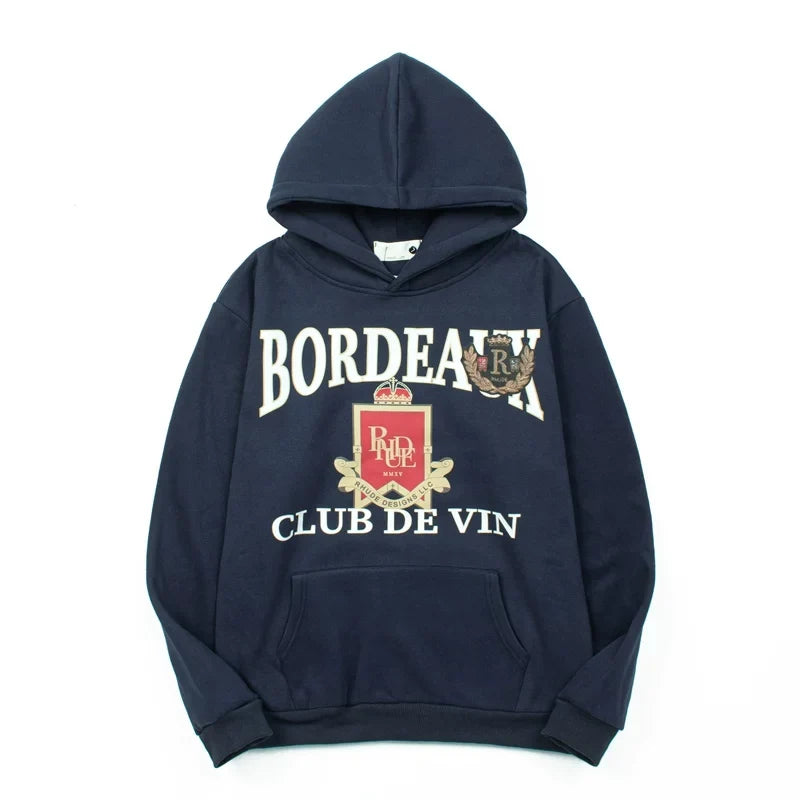 Rhude Bordeaux Club Wine Crest Graphic Oversized Hoodie Navy