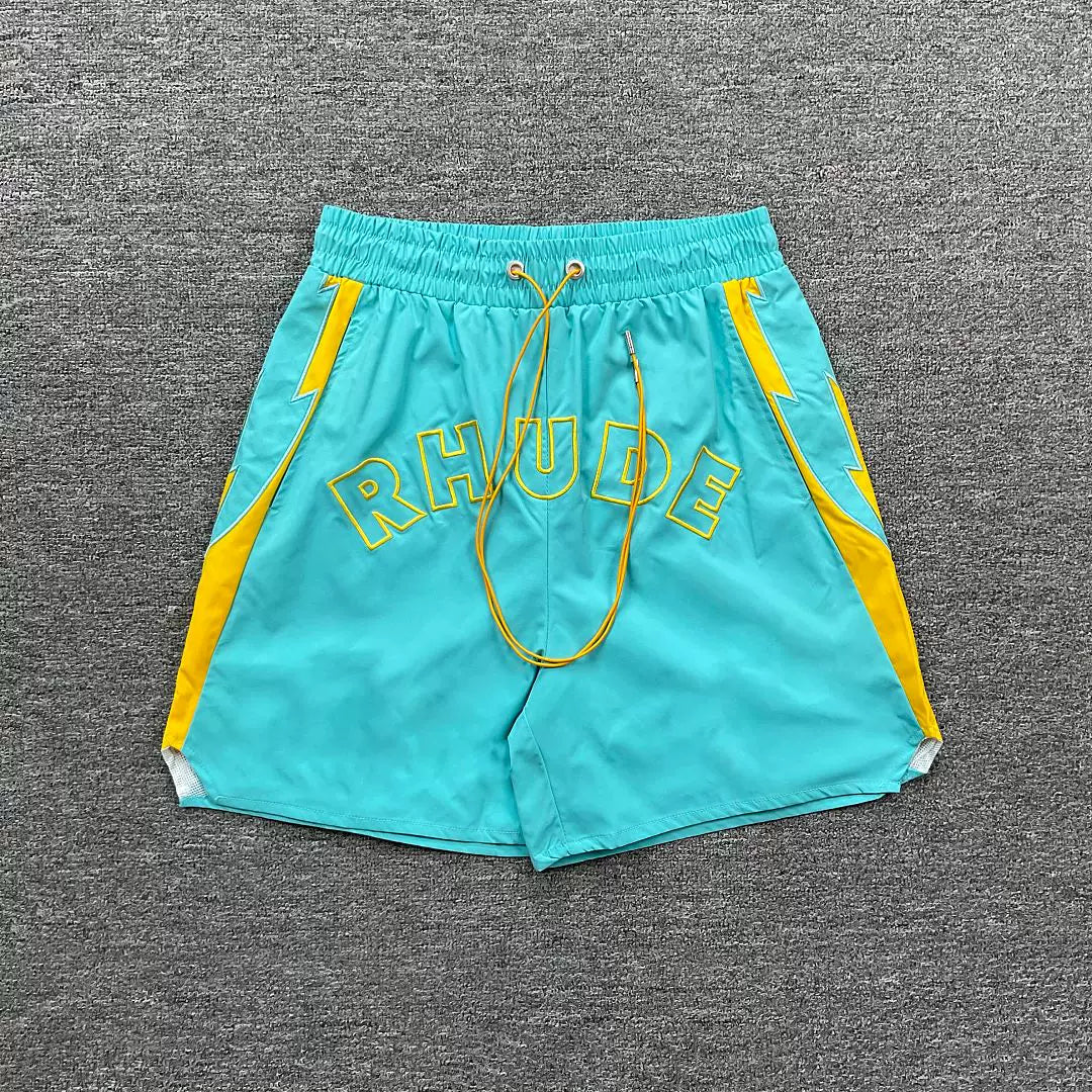 Rhude Cyan Yellow Contrast Nylon Shorts