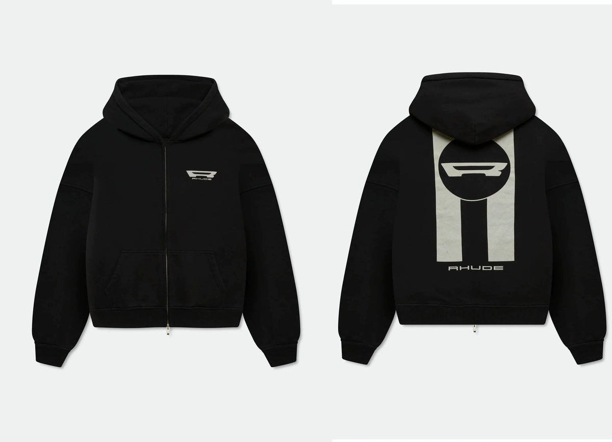 RHUDE Racing R Logo Full‑Zip Hoodie Black