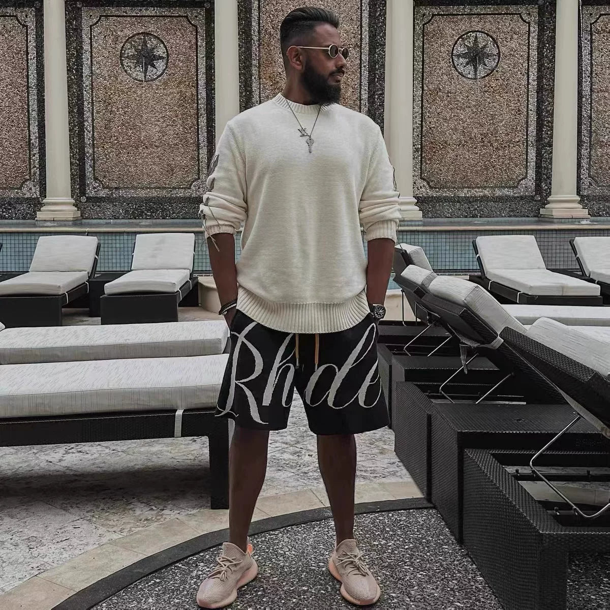 RHUDE niche American high street fashion brand summer letter big logo jacquard loose knitted yarn five quarter shorts