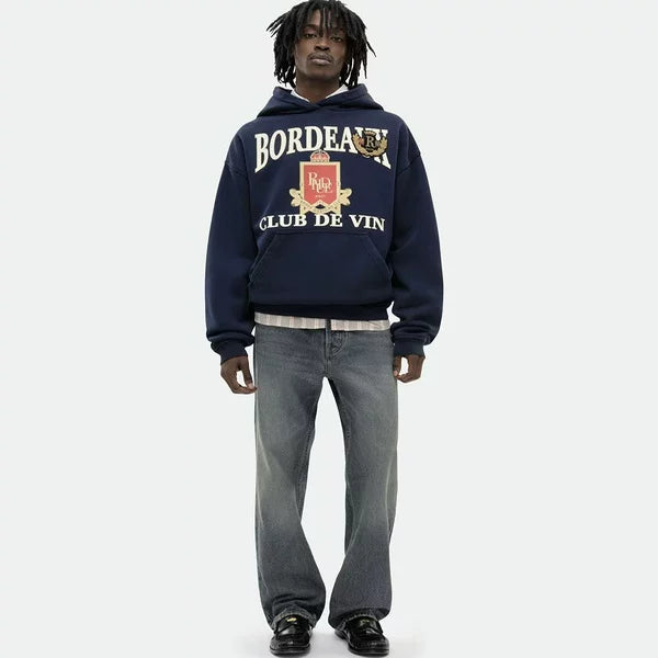 Rhude Bordeaux Club Wine Crest Graphic Oversized Hoodie Navy