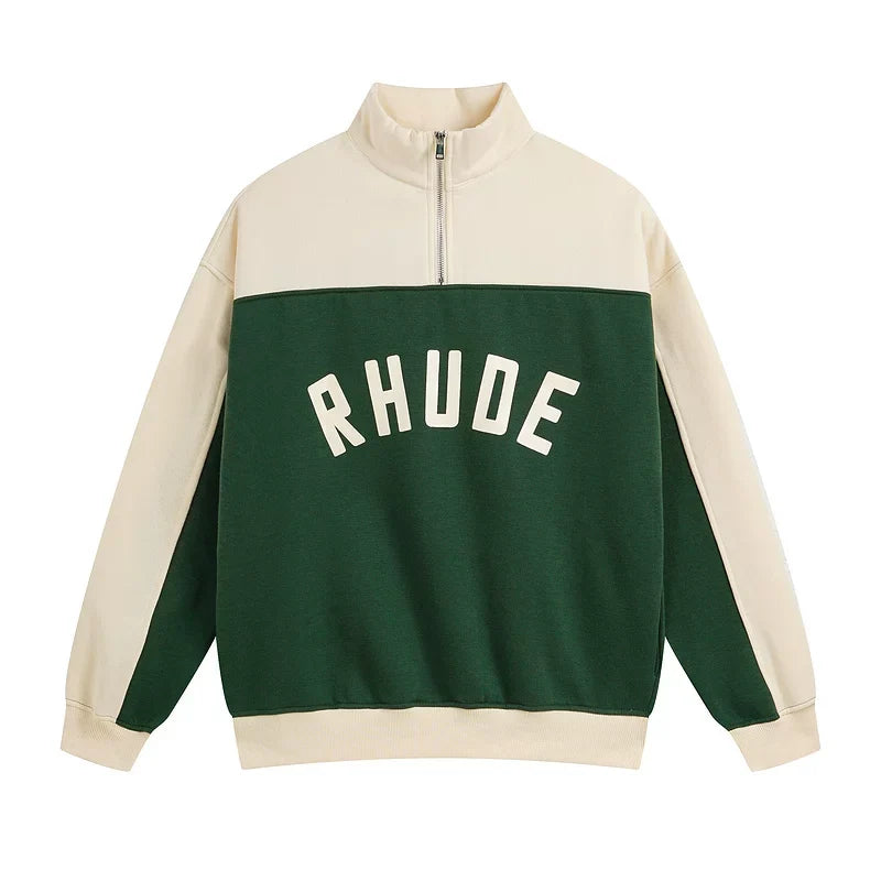 Rhude Color Block Quarter Zip Arch Logo Sweatshirt Forest Green