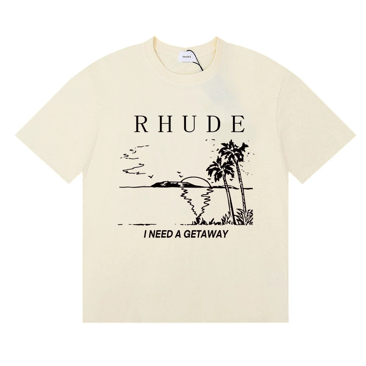 Rhude I Need A Getaway Beach Palm Tree Graphic Cream Oversized T‑Shirt