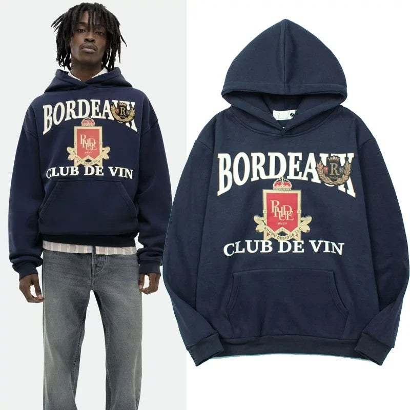 Rhude Bordeaux Club Wine Crest Graphic Oversized Hoodie Navy