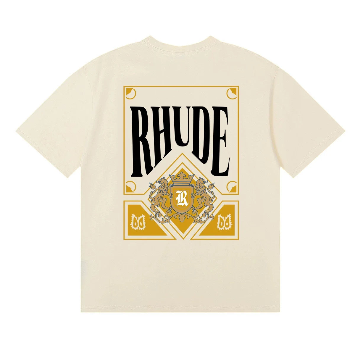 Rhude Golden Crest Ornate Frame Back Print Cream Oversized T‑Shirt