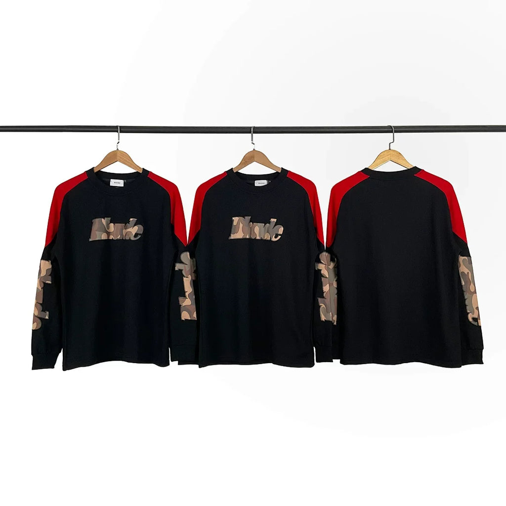 Rhude Camo Patch Logo Raglan Long Sleeve Tee Black Red