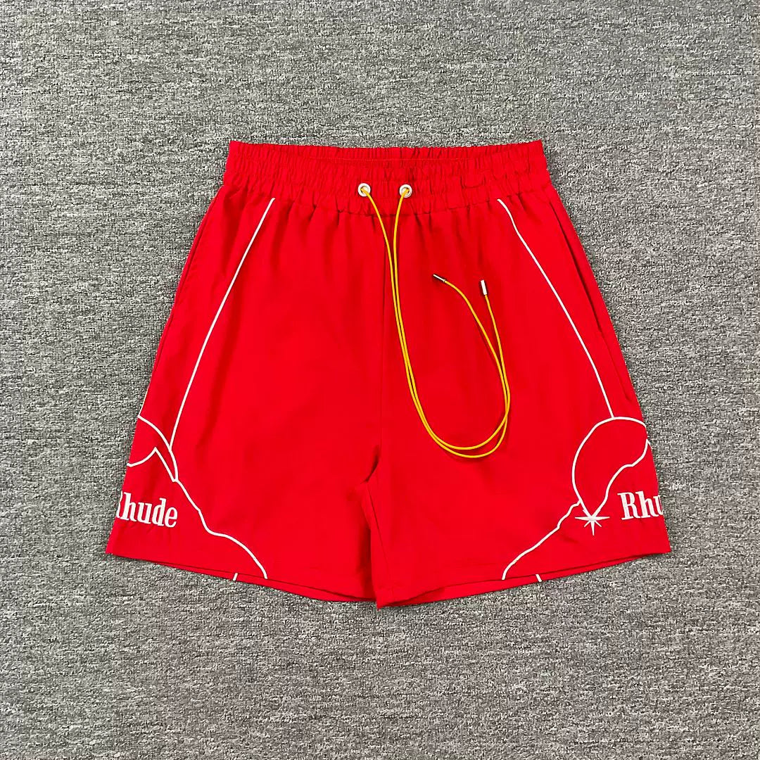 Rhude Outline Print Red Nylon Shorts