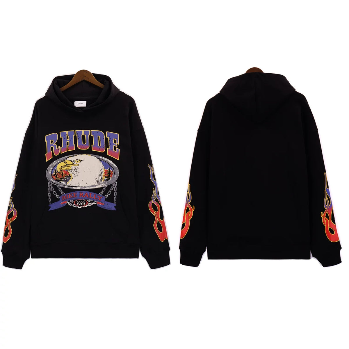 RHUDE Eagle Graphic Flame Sleeve Hoodie Black