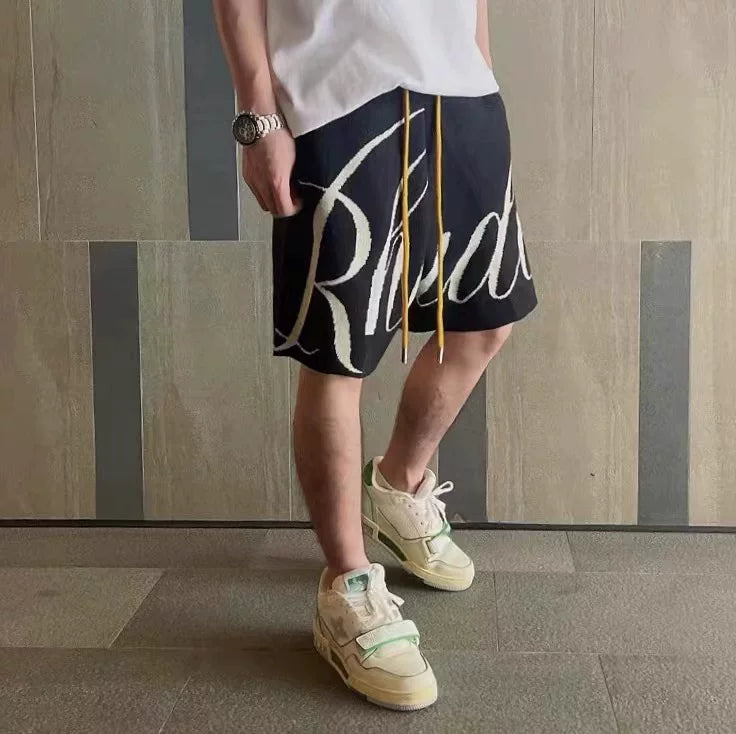 RHUDE niche American high street fashion brand summer letter big logo jacquard loose knitted yarn five quarter shorts