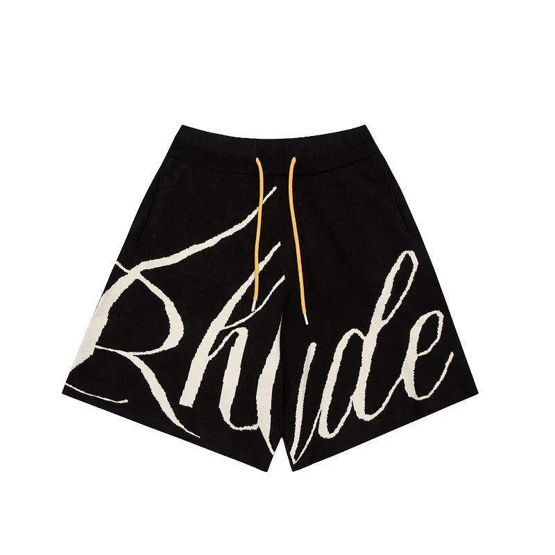 RHUDE niche American high street fashion brand summer letter big logo jacquard loose knitted yarn five quarter shorts