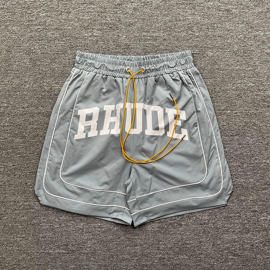 Rhude Grey Varsity Stripe Nylon Shorts