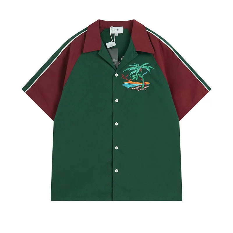 Rhude Palm Beach Embroidered Color‑Block Bowling Shirt Green Burgundy