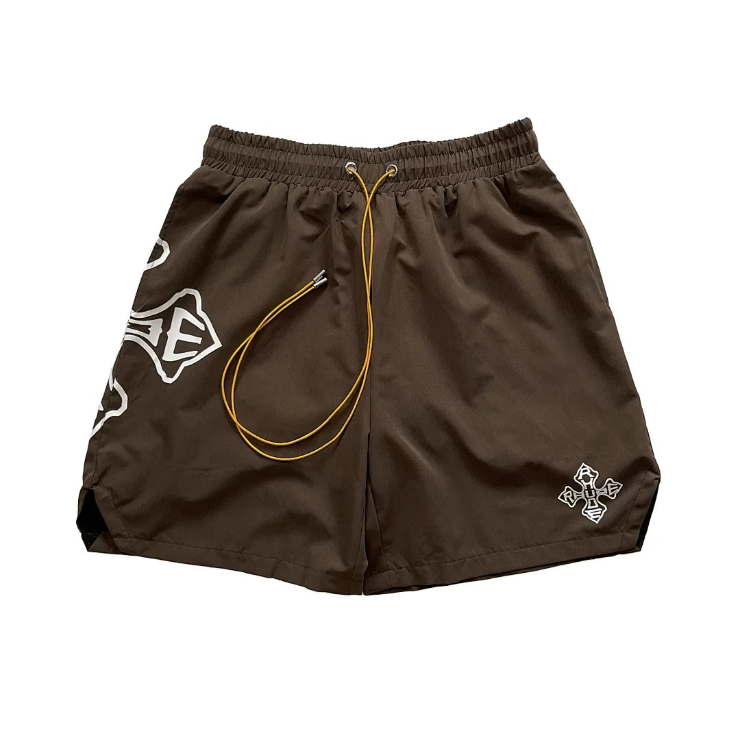Rhude Cross Graphic Brown Nylon Shorts