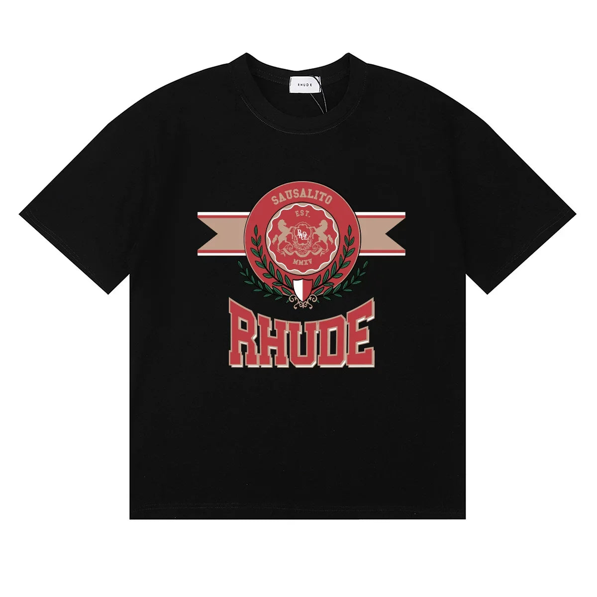 Rhude Sausalito Laurel Crest Varsity Logo Black Oversized T‑Shirt