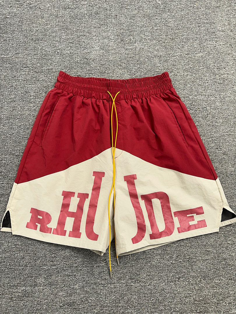 Rhude Red Cream Color Block Nylon Shorts